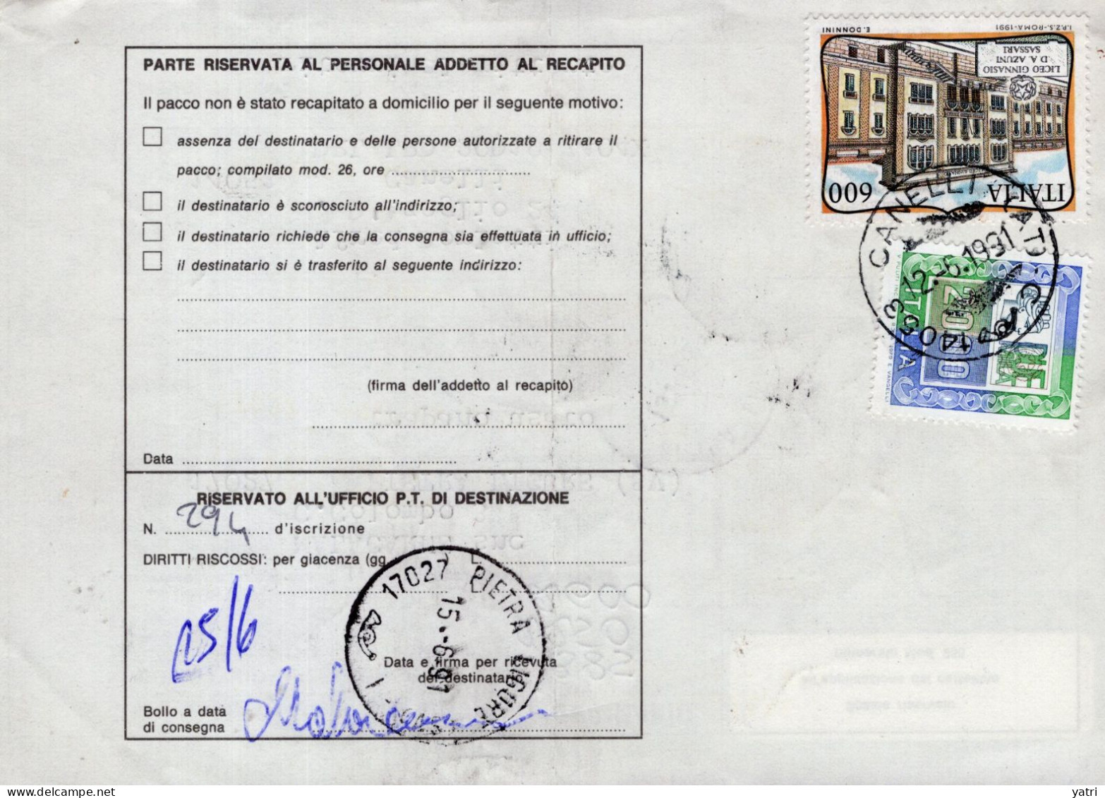 Italia (1991) - Bollettino Pacchi Da Canelli (AT) Per Pietra Ligure - (trapano Usato) - Pacchi Postali