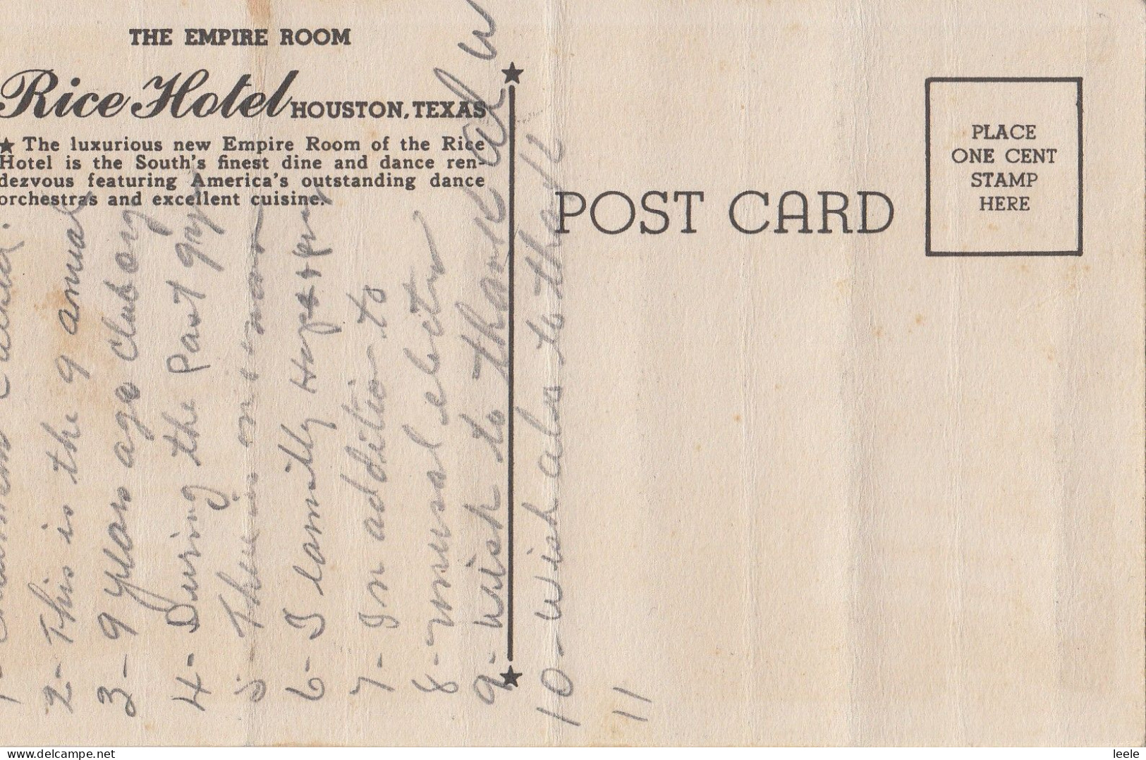 BT45.  Vintage US Postcard.  Empire Room, Rice Hotel, Houston. - Houston