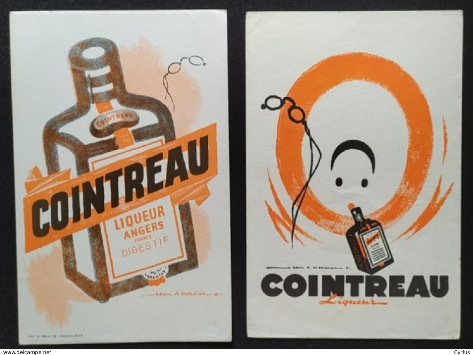 Lot De 2 Buvards Liqueur COINTREAU Illustrés Par Jean Mercier - Angers 49- Blotting Paper - Licores & Cervezas