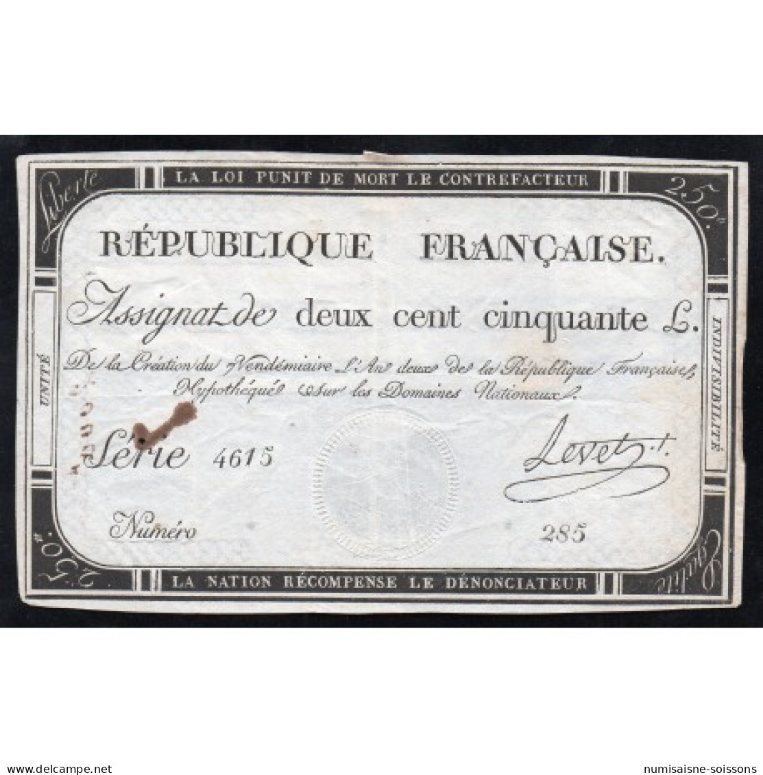 ASSIGNAT DE 250 LIVRES - 7 VENDEMIAIRE L'AN 2 - DOMAINES NATIONAUX - SERIE 4615 - TTB - Assignats