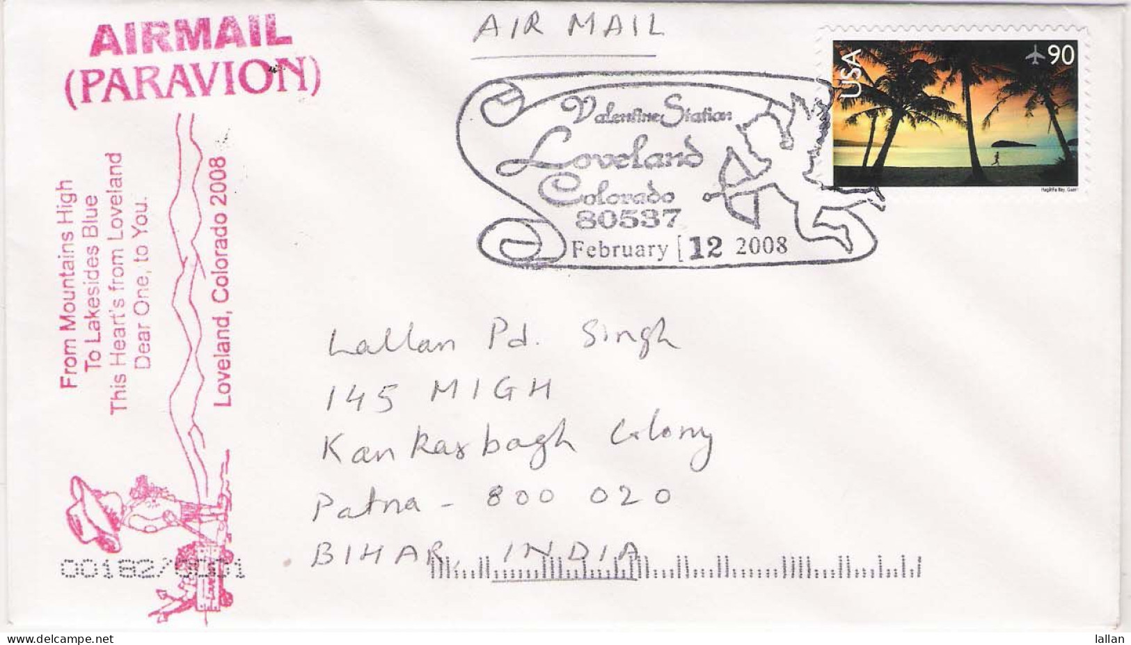 Valentine's Day, Airmail Cover From US To India With US Pictorial Cancellation, 2008 - Cristianismo