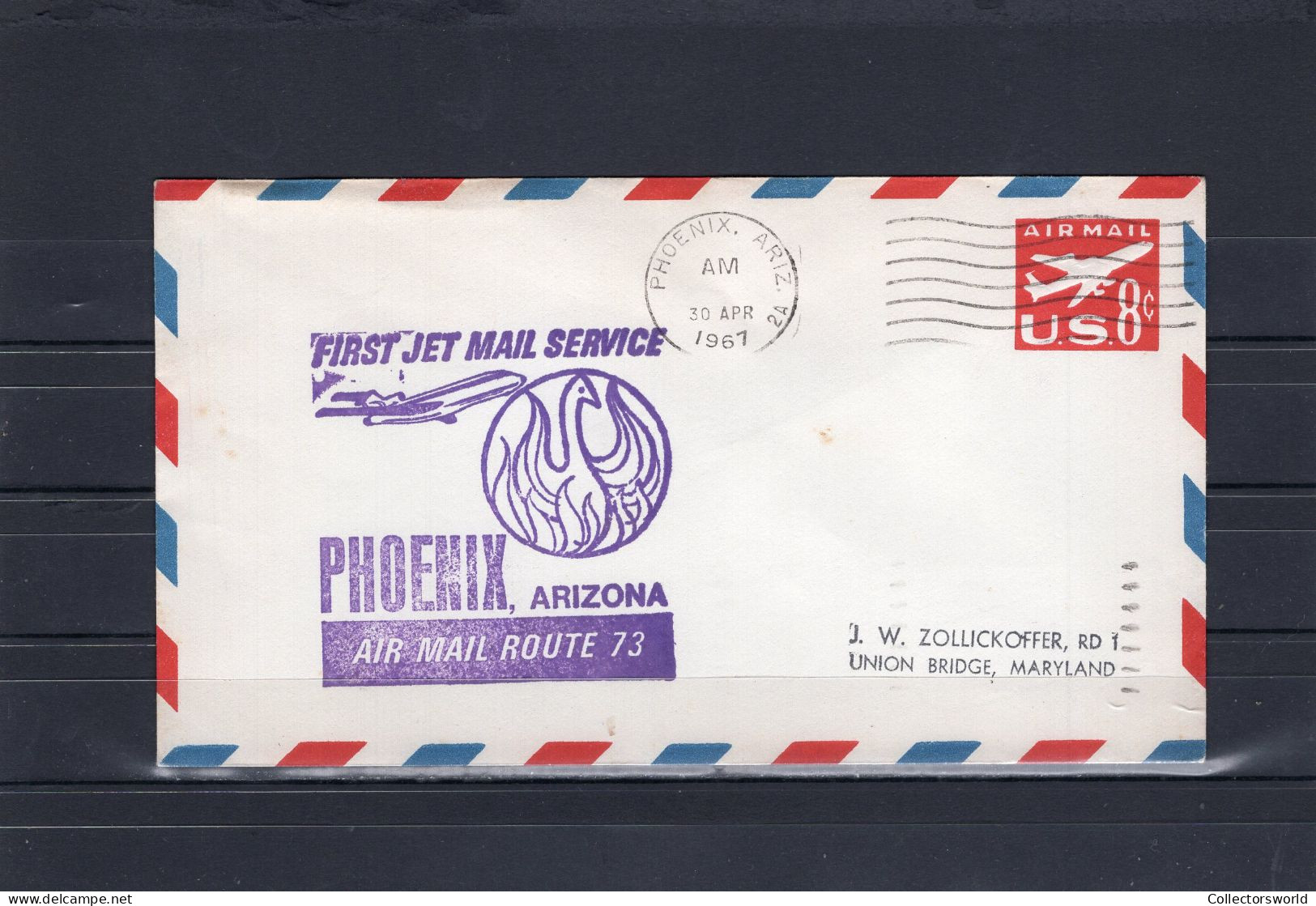 USA 1967 First Flight Cover First Jet Mail Service Phoenix Arizona Airmail Route 73 (to Denver) Embossed 8c - Schmuck-FDC