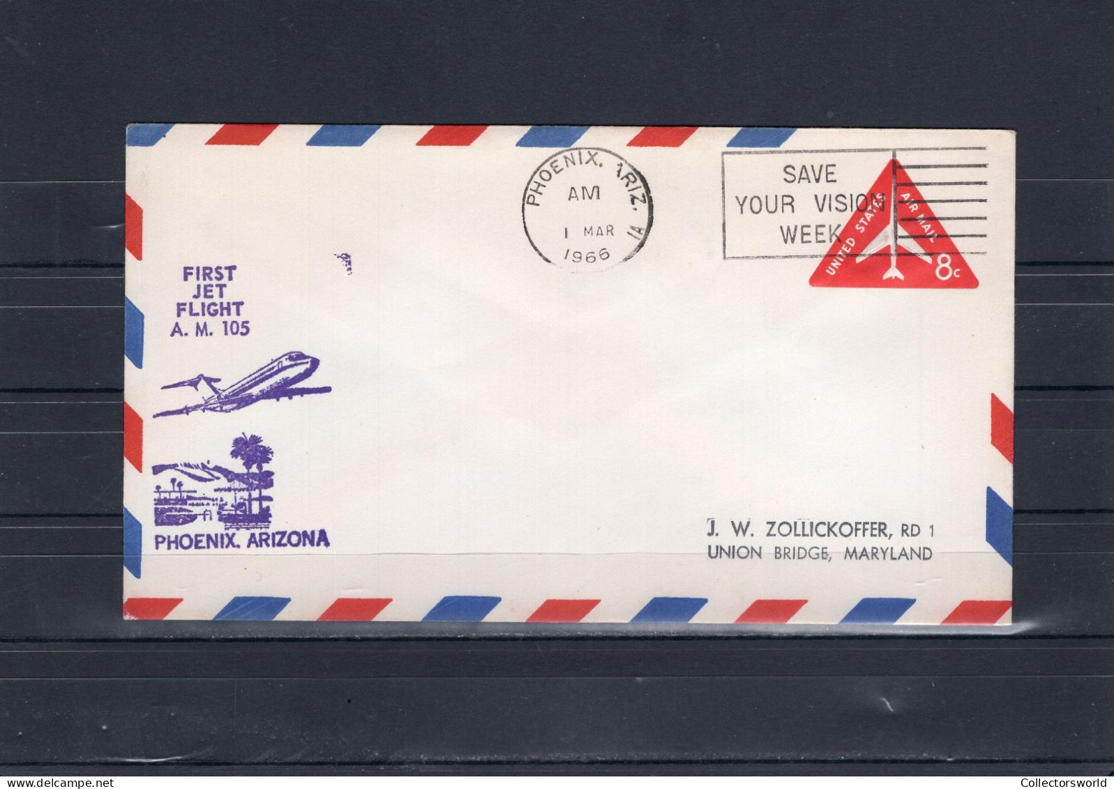 USA 1966 First Flight Cover First Jet Flight AM105 Phoenix, Arizona (Reno Arrival Stamp On The Back) Embossed 8c - Enveloppes évenementielles