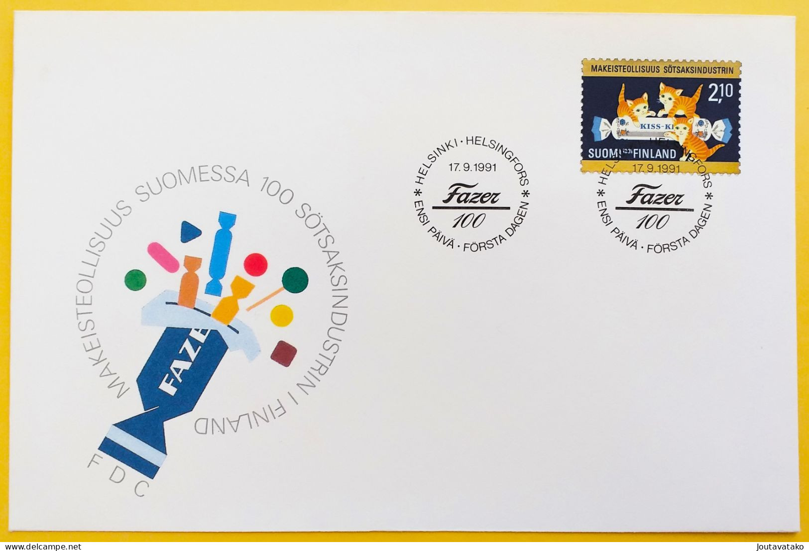 Finland FDC 1991 - 100 Years Fabrication Of Confectionery - Candy, Cat - MiNo 1148 - FDC