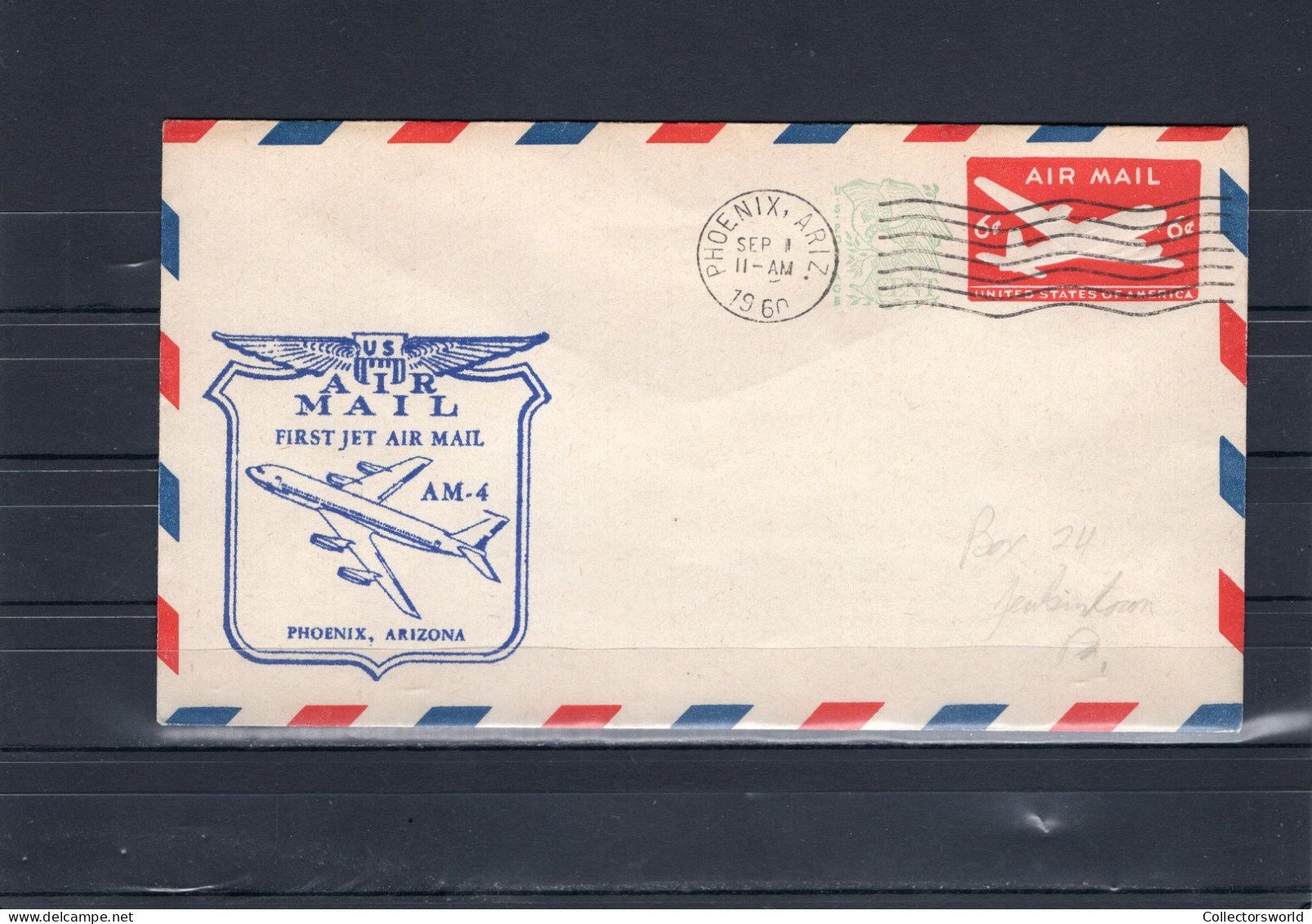 USA 1960 First Flight Cover First Jet Air Mail AM4 Phoenix, Arizona (Chicago Arrival Stamp On The Back) Embossed 6c - Schmuck-FDC