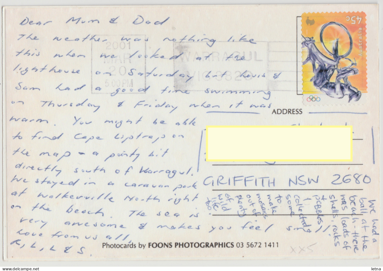 Australia VICTORIA VIC Cape Liptrap Lighthouse GIPPSLAND Foons Photo Postcard 2001 Pmk Olympic Stamp - Gippsland