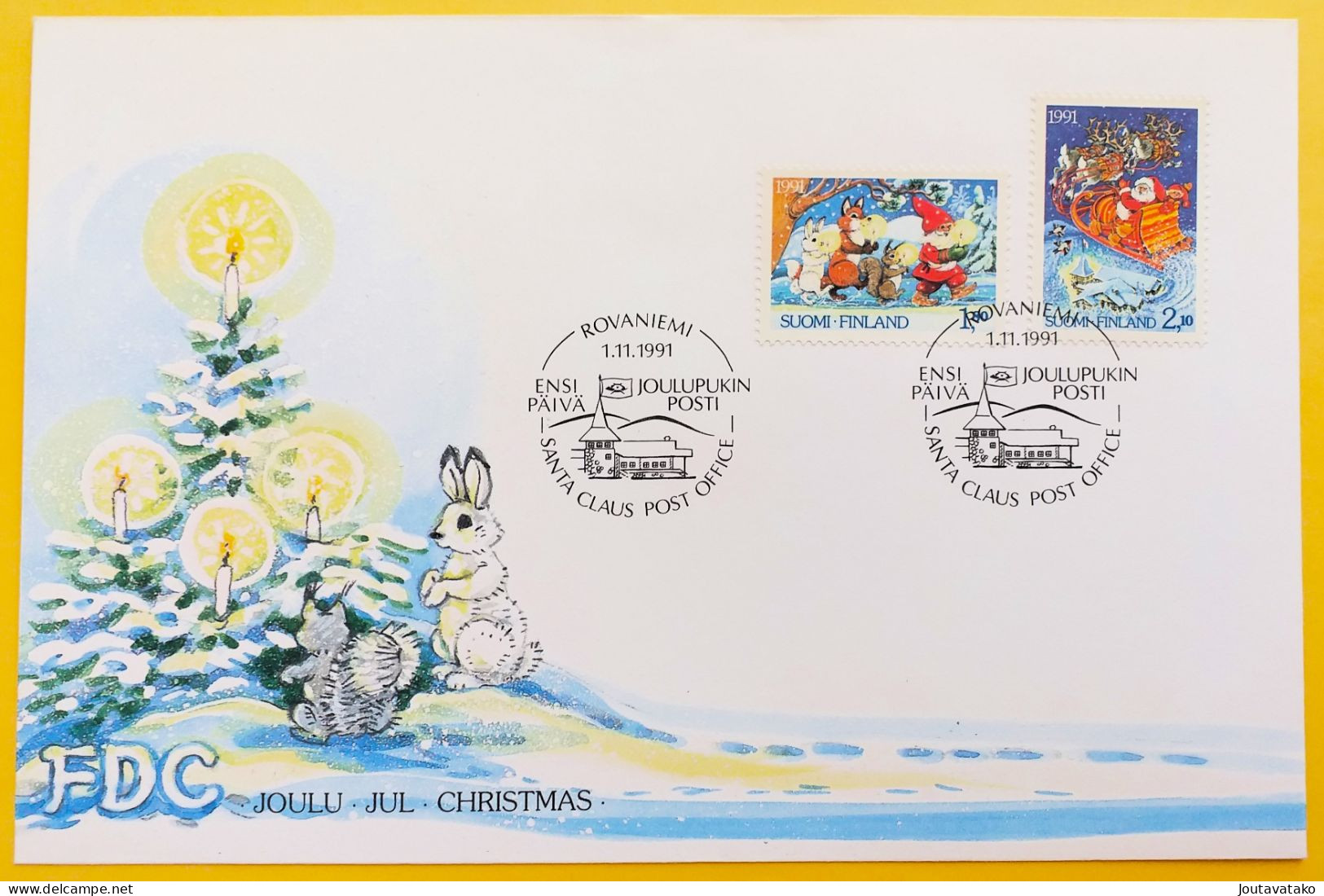 Finland FDC 1991 - Christmas - Forest Animals And Elf, Santa Claus In Reindeer Sleigh - MiNo 1159, 1160 - FDC