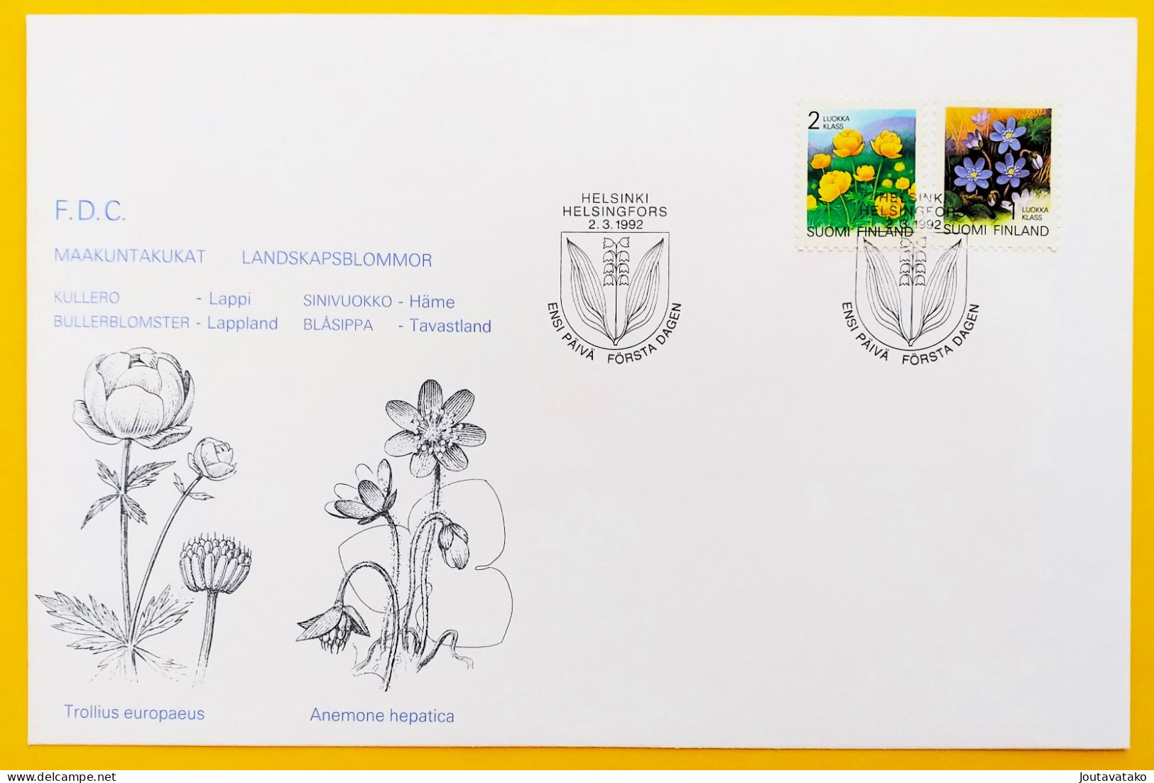 Finland FDC 1992 - Regional Flowers - Globe Flower, Liverwort - MiNo 1163, 1164 - FDC