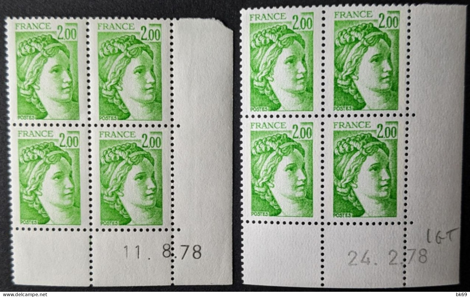 N°1977 & 1977a** Sabine 2.00F Vert-Jaune Coins Datés X2 - 1970-1979