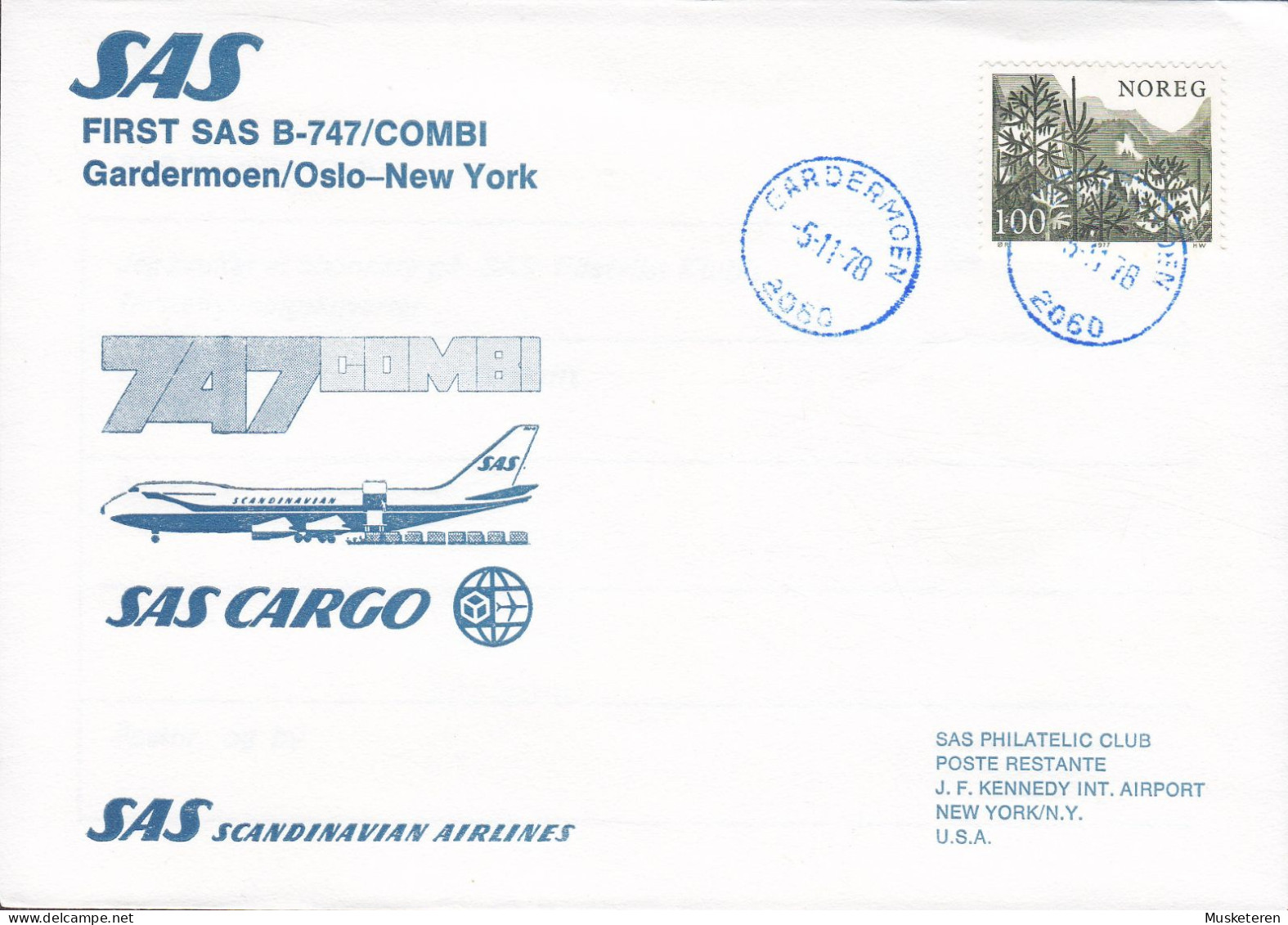 Norway First SAS Cargo B-747/Combi Flight GARDERMOEN/Oslo-NEW YORK 1978 (Purple Cancel) Cover Brief Lettre - Lettres & Documents