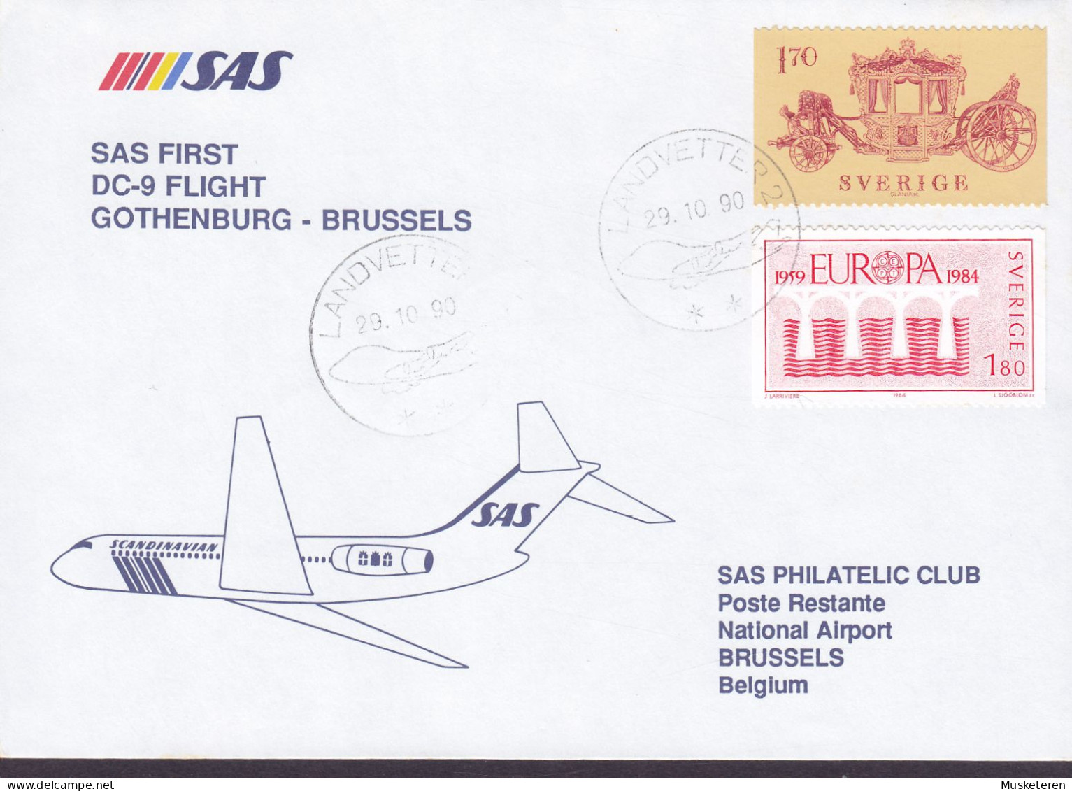 Sweden SAS First DC-9 Flight GOTHENBURG-BRUSSELS 1990 Cover Brief Lettre Europa CEPT & (Cz. Slania) Stamps - Storia Postale