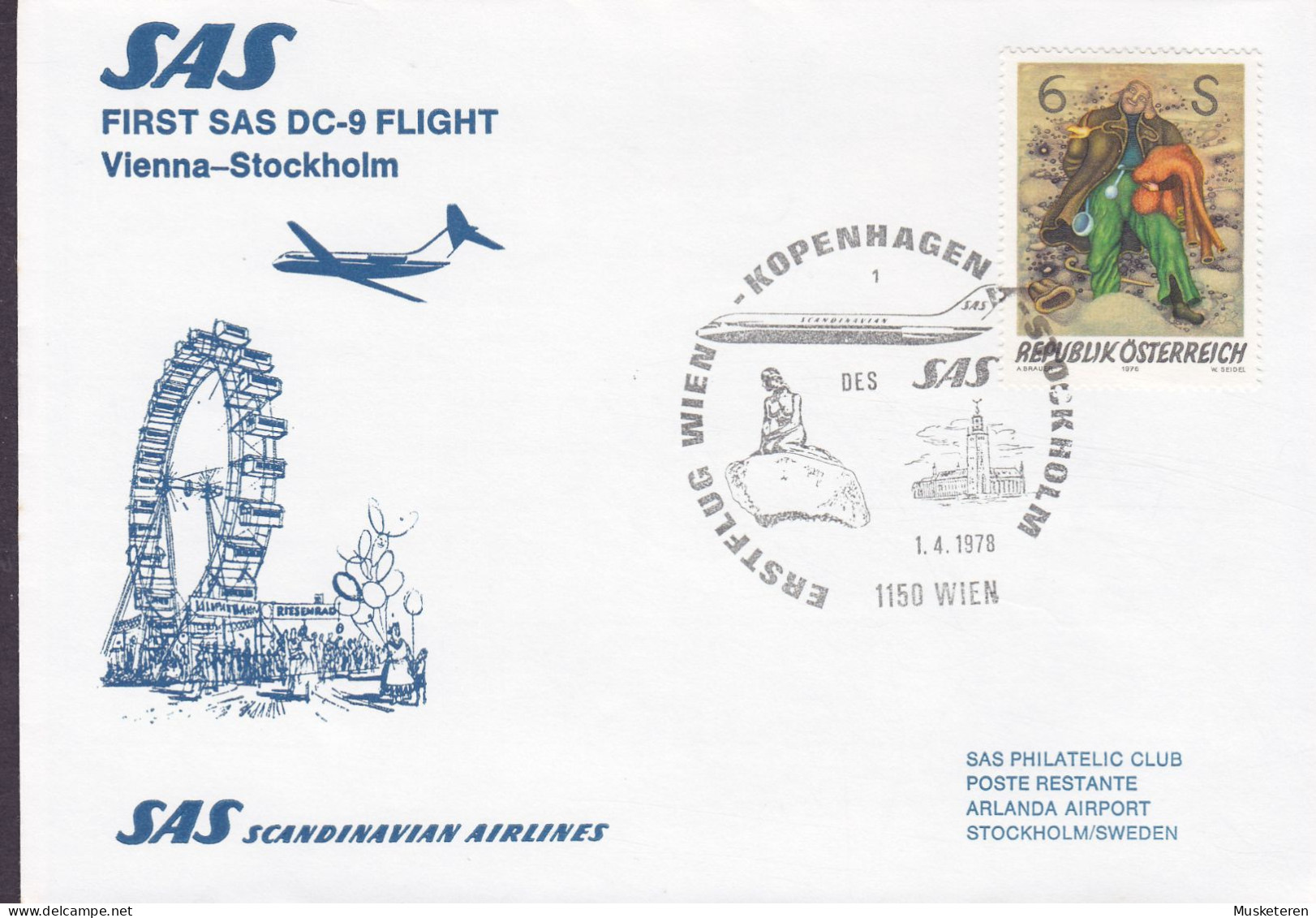 Austria First SAS DC-9 Flight VIENNA-COPENHAGEN-STOCKHOLM 1978 Cover Brief Lettre Meeresfrau The Little Mermaid - Premiers Vols