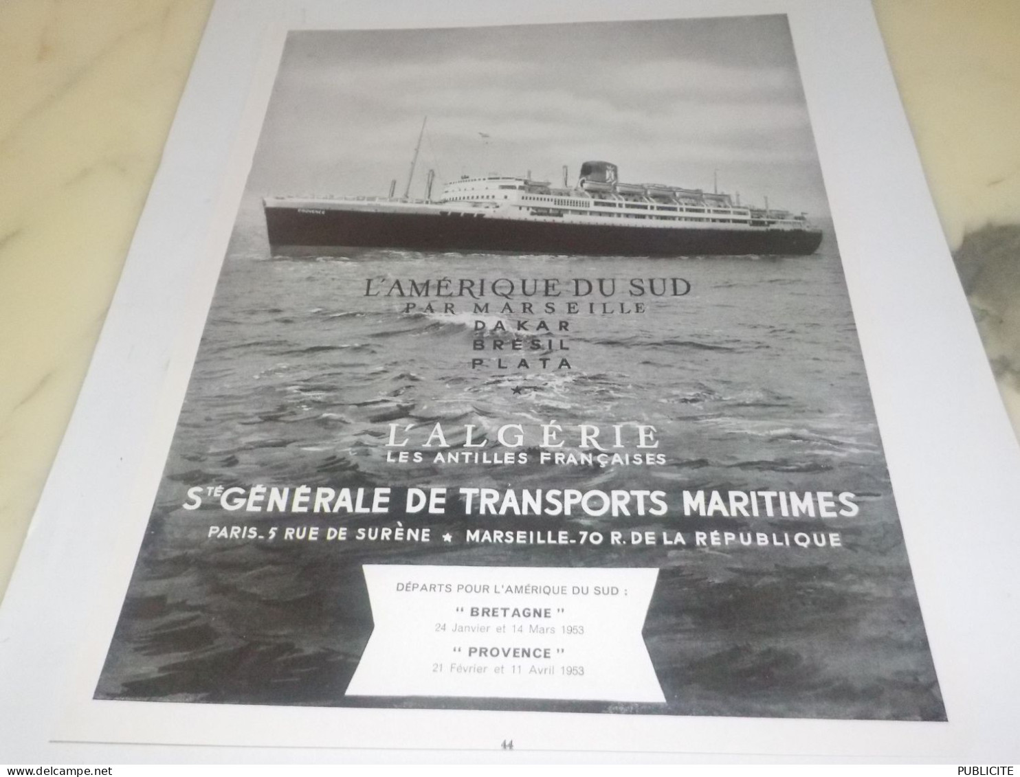 ANCIENNE PUBLICITE GENERALE DE TRANSPORTS MARITIMES 1952 - Sonstige & Ohne Zuordnung