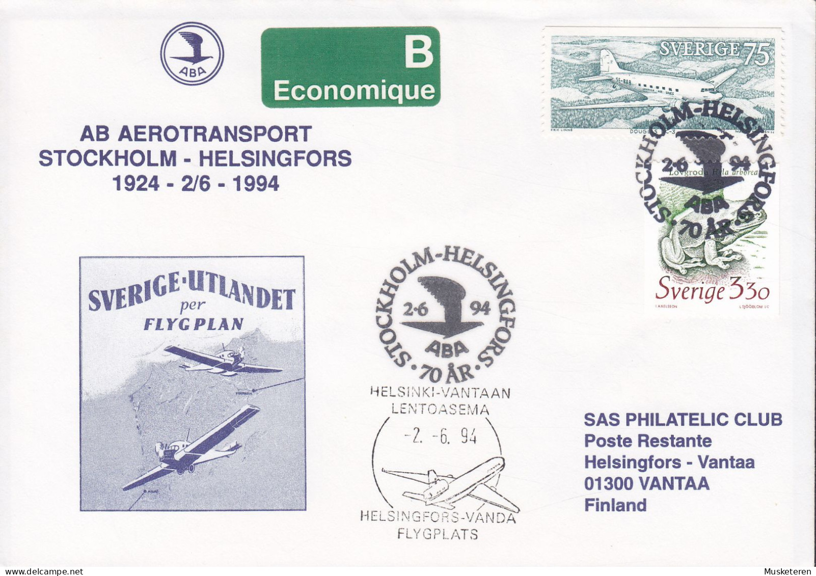 Sweden B-Economique Label ABA Aerotransport STOCKHOLM-HELSINGFORS 1994 Cover Brief Lettre Douglas DC-3 Frog Froch - Covers & Documents