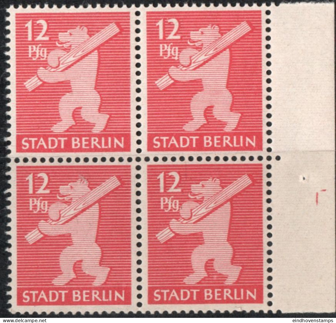 Germany 1945 Stadt Berlin 12 Pf Plateflaw Mi II In -block MNH Certified Ströw BPP Blot Right Og "pf"G" - Berlin & Brandenburg