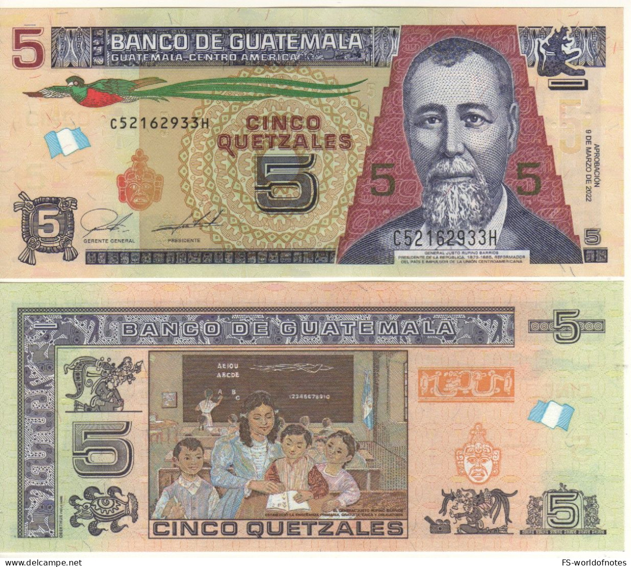GUATEMALA  New Date 5 Quetzales  PW122A  New Date  09.3.2022  "General Justo Rufino Barrios + Classroom At Back"  UNC - Guatemala