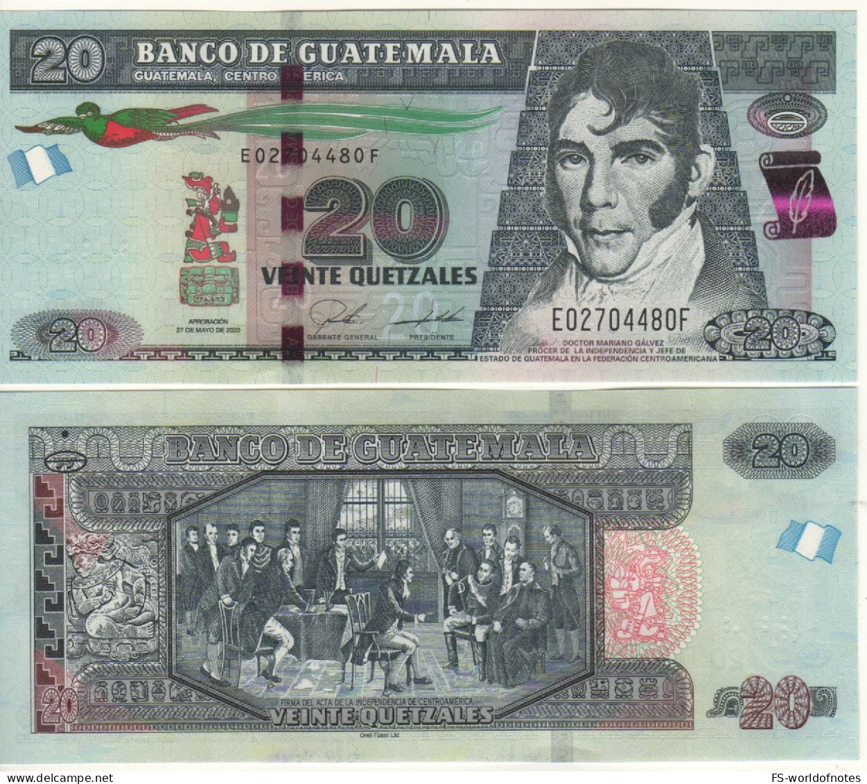 GUATEMALA  New Date 20 Quetzales  Dated 27.05.2020  P124   " Dr. Mariano Gálvez + Central American Independence Act" - Guatemala