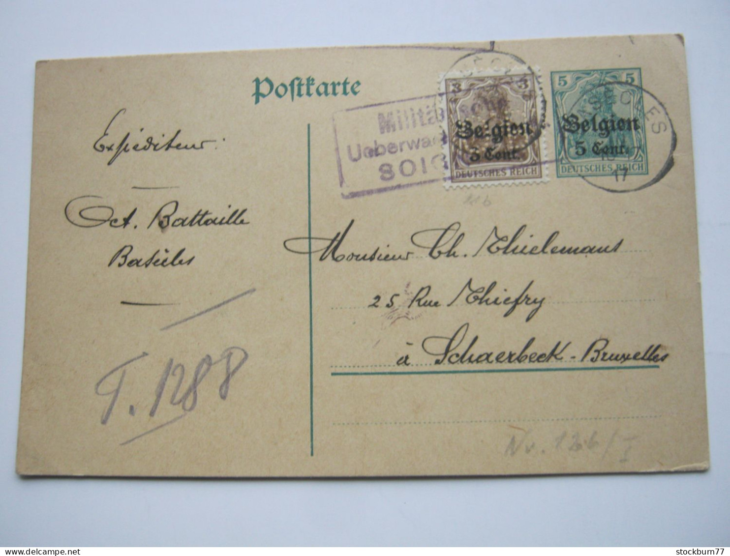 1917 , 5 Pfg. Ganzsache Mit Zusatzfrankatur , Firmenlochung , Perfin  O.B. ( O. Battaille) , Aus BASTECLES, Rare - OC26/37 Territoire Des Etapes