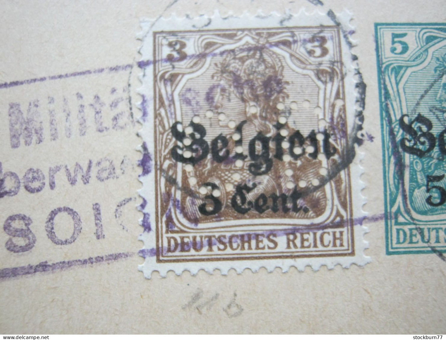 1917 , 5 Pfg. Ganzsache Mit Zusatzfrankatur , Firmenlochung , Perfin  O.B. ( O. Battaille) , Aus BASTECLES, Rare - OC26/37 Territoire Des Etapes