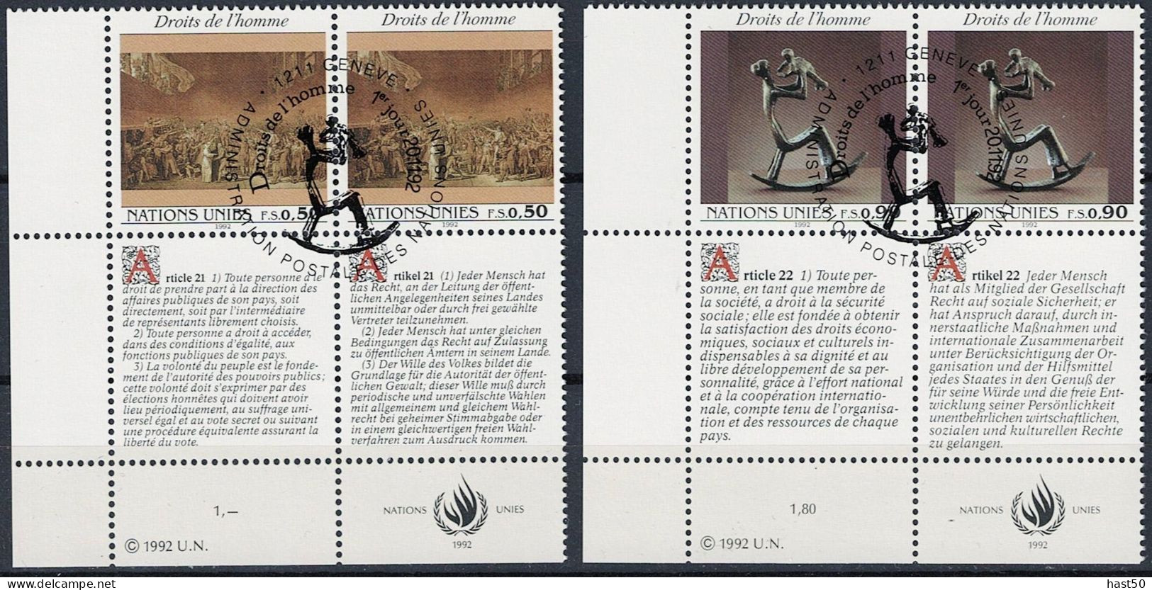 UN Genf  Geneva Geneve - Menschenrechte (MiNr: 223/4 Zf  Franz. + Dt.) 1992- Gest Used Obl - Used Stamps