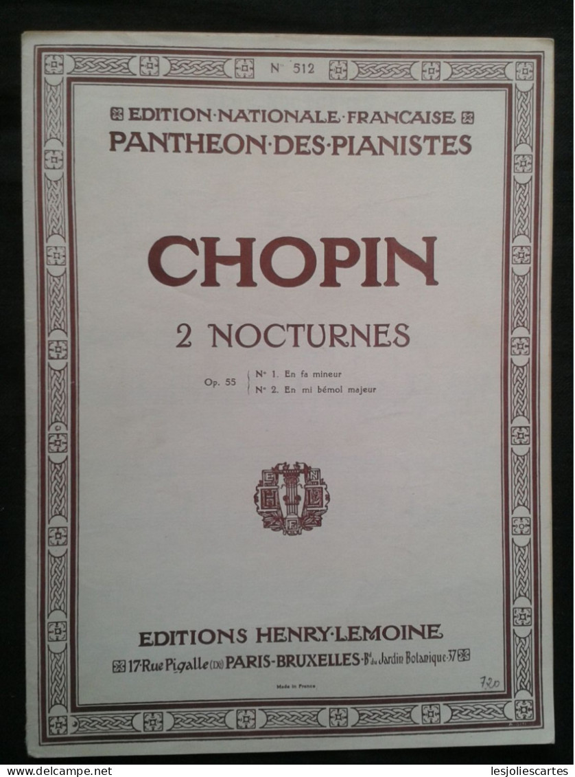 FREDERIC CHOPIN 2 NOCTURNES OP 55 PIANO PARTITION MUSIQUE EDITIONS LEMOINE - Klavierinstrumenten