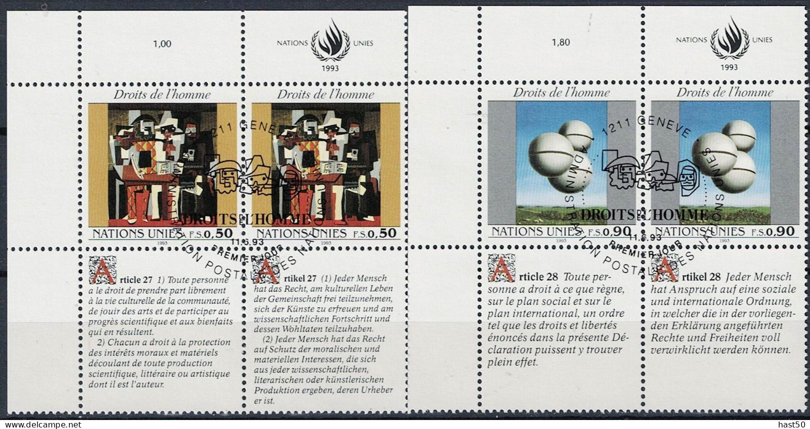 UN Genf  Geneva Geneve - Menschenrechte (MiNr: 233/4 Zf  Franz. + Dt.) 1993- Gest Used Obl - Gebraucht