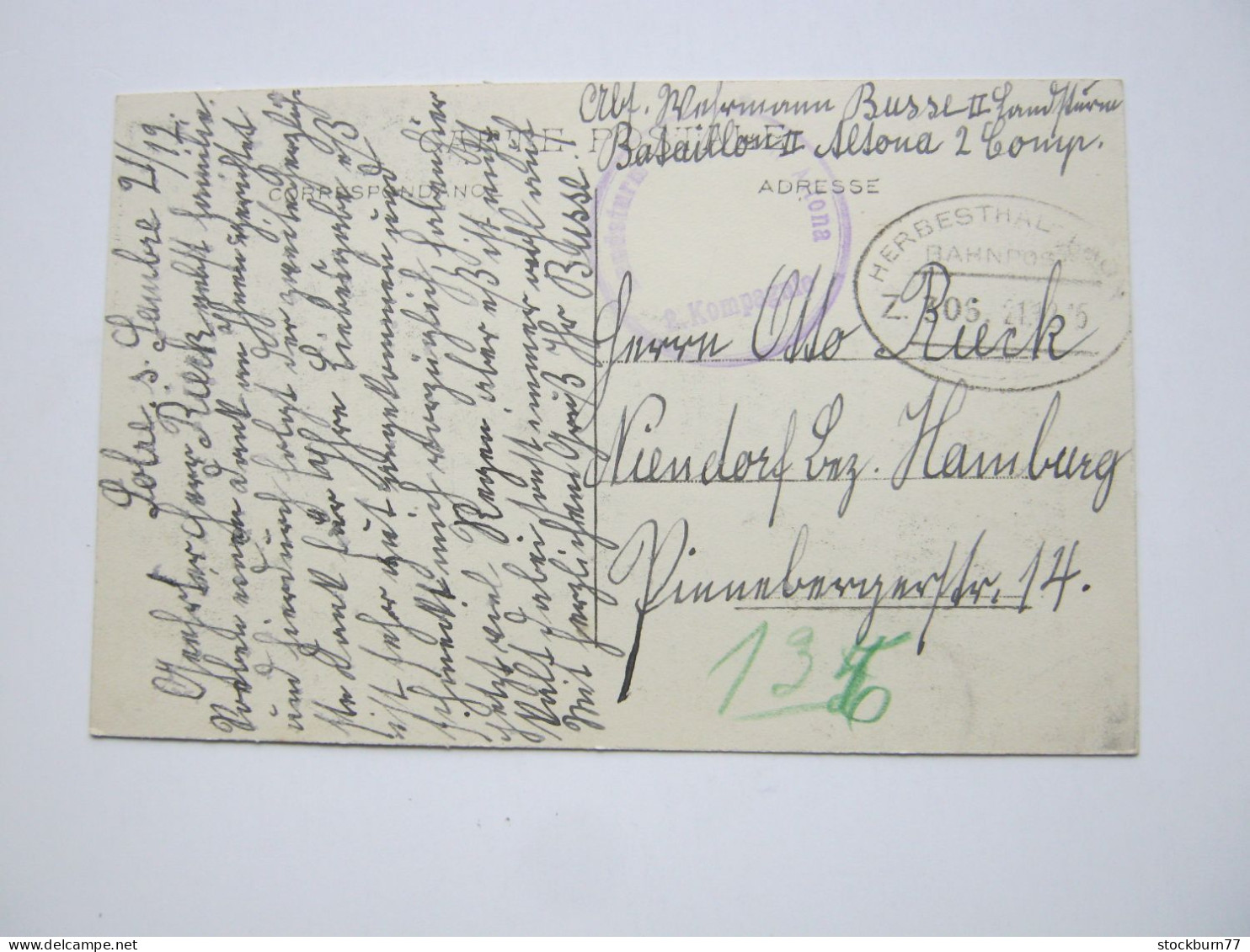 1915 , Bahnpost : HERBESTHAL - LAON /  Z. 306 , Klarer Stempel Auf Karte Aus SOLRE-SUR-SAMPRE , CP (Gare) - OC26/37 Territoire Des Etapes