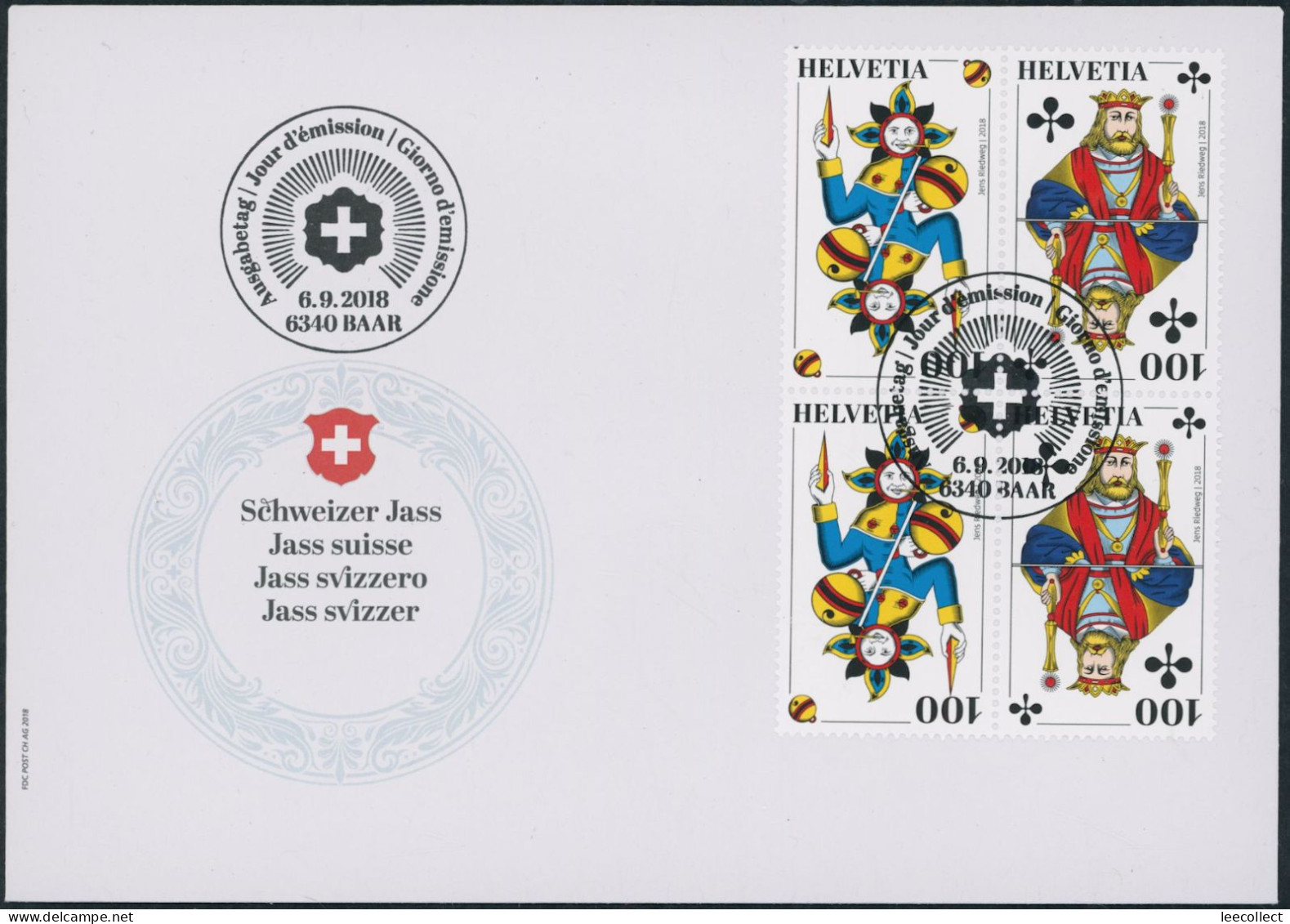 Suisse - 2018 - Schweizer Jass - Viererblock - Zusammenhängende - Ersttagsbrief FDC ET - Lettres & Documents