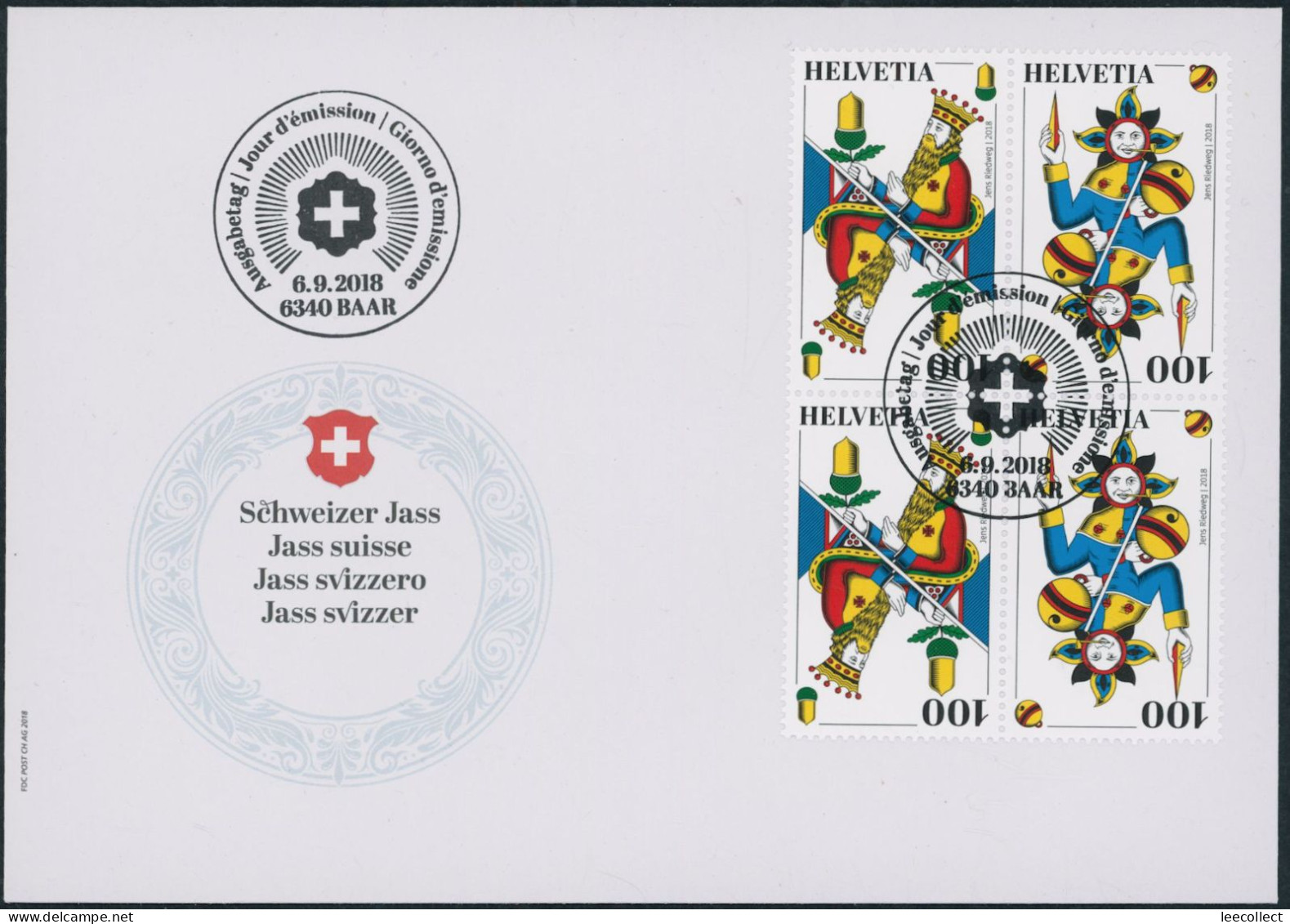 Suisse - 2018 - Schweizer Jass - Viererblock - Zusammenhängende - Ersttagsbrief FDC ET - Cartas & Documentos