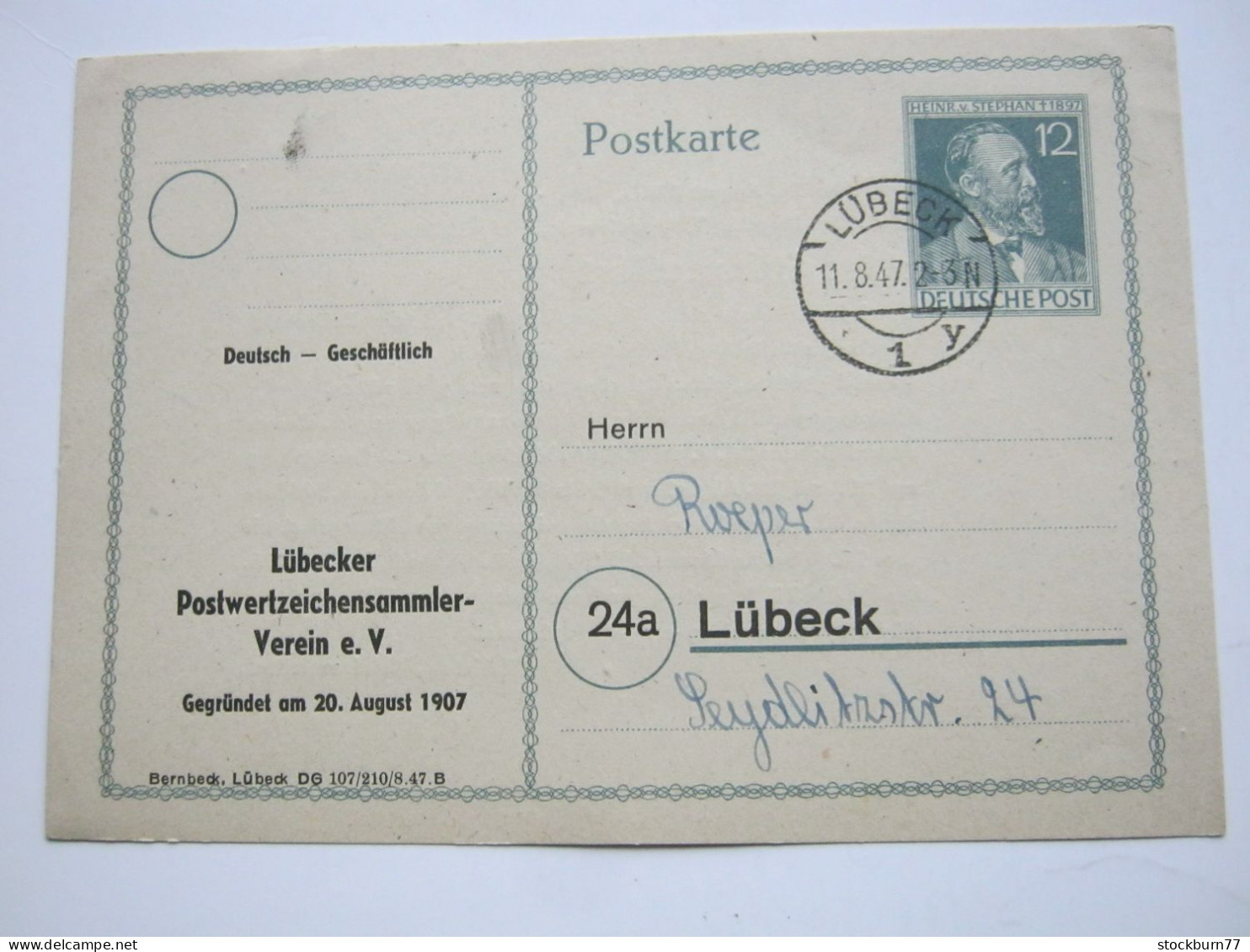 1947 , 12 Pfg. Stephan Ganzsache Mit Beids. Privatzudruck Aus Lübeck - Ganzsachen