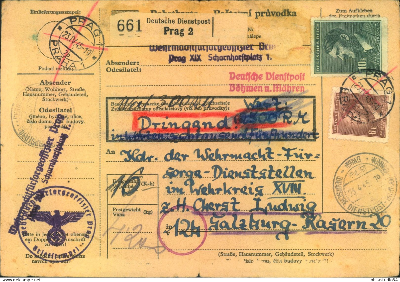 1945, 23. IV. Komplerre Paketkarte Ab PRAG Aber Offensichtlich Nicht Mehr Befördert- - Feldpost 2da Guerra Mundial