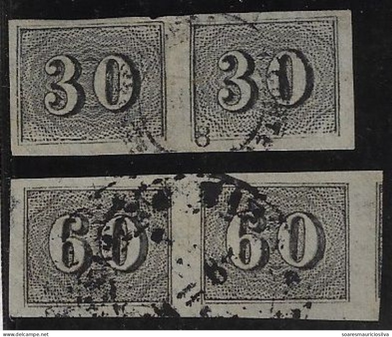 Brazil Year 1850 RHM-13/14 Vertical Number 30 And 60 Réis 2 Used Horizontal Pair Of Stamp (catalog US$64) - Lot 2 - Usados