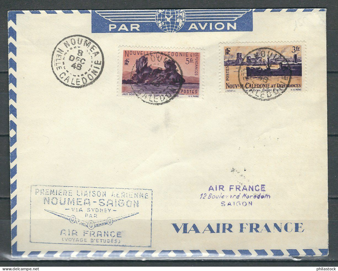 NCE 08/12/1948 1° Liaison Aérienne Nouméa Saigon Via Sydney - Storia Postale