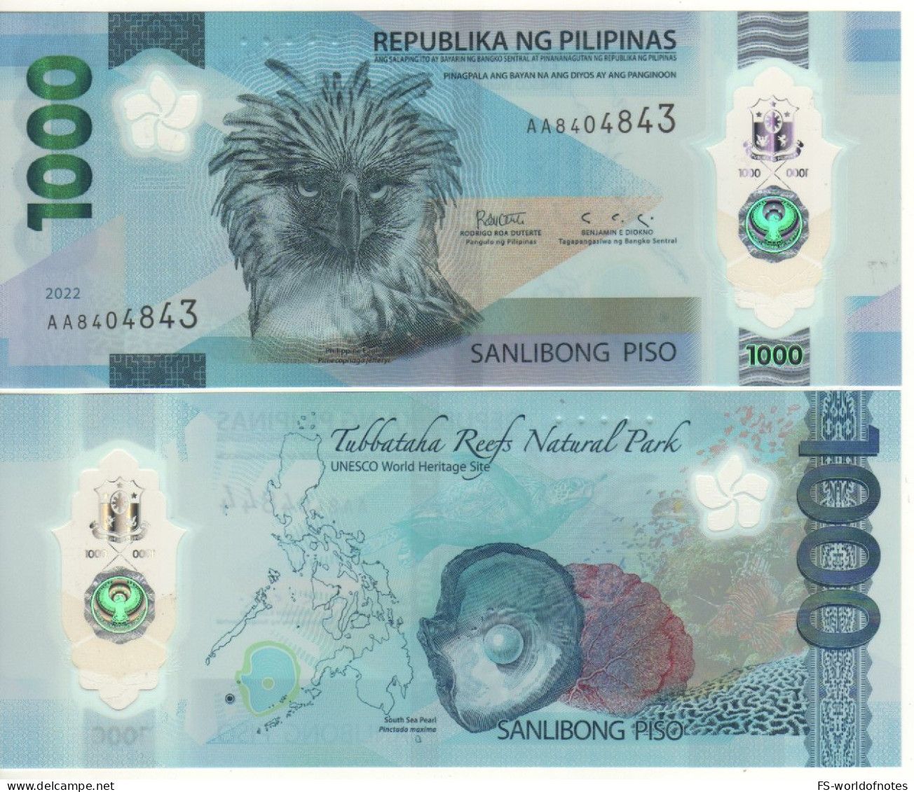 PHILIPPINES  1'000 Piso   Dated 2022 Serial AA    PW241a  POLIMER   "Philippine Eagle+ Pearl Oyster At Back" - Philippines