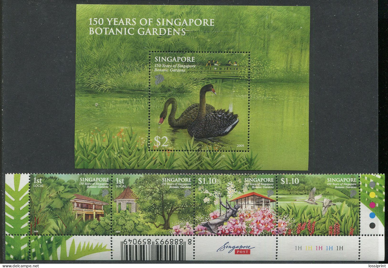 Singapore:Unused Stamps Strip And Block 150 Years Of Singapore Botanic Gardens, Swans, Flowers, 2009, MNH - Swans