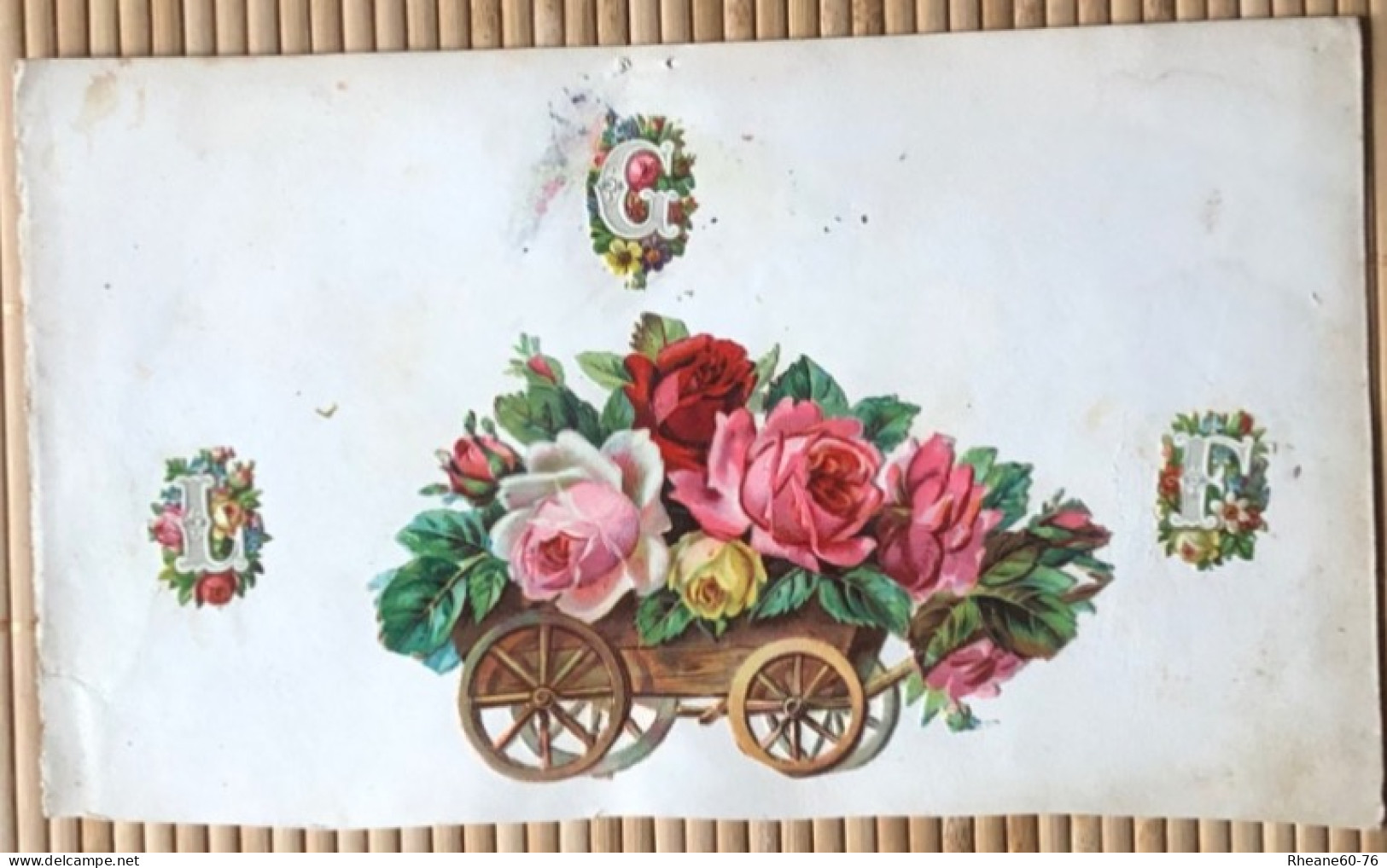 Découpis Collés : Charrette / Brouette De Roses / Fleurs, Lettres Majuscules Fleuries L F Et G - Infantes