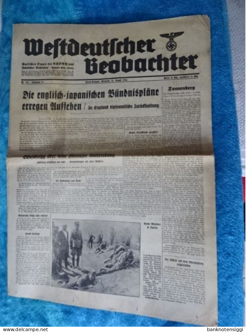 Originale Zeitung "Westdeutscher Beobachter." Mittwoch 22 August 1934 - Política Contemporánea