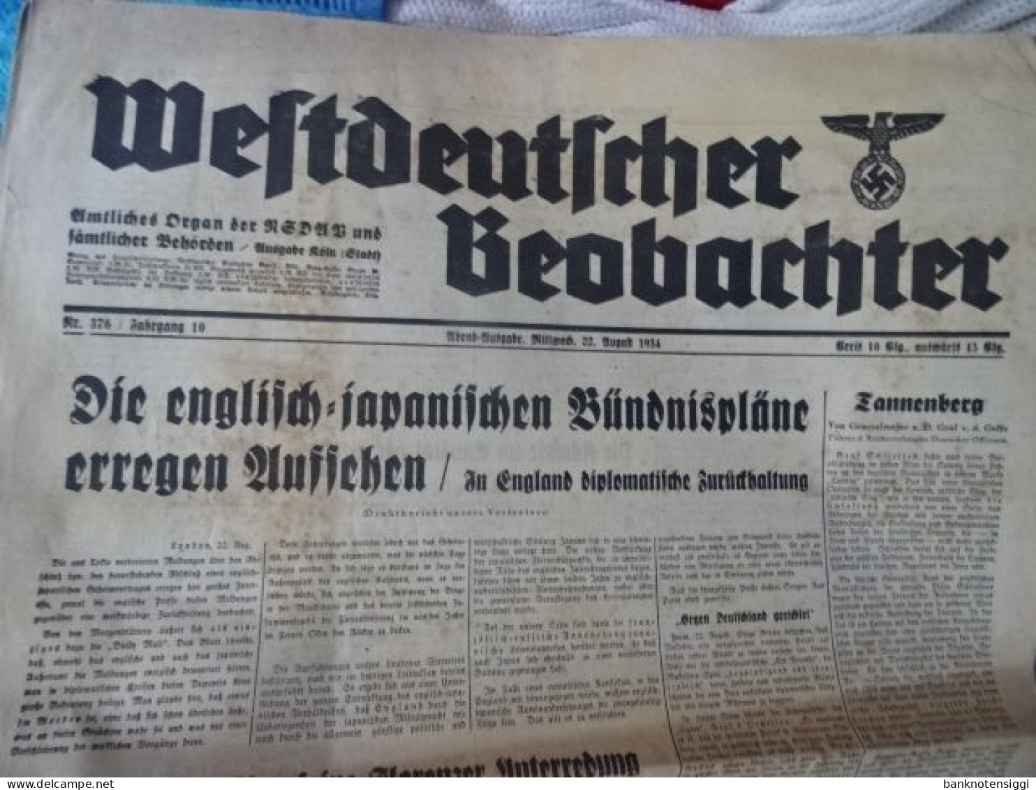 Originale Zeitung "Westdeutscher Beobachter." Mittwoch 22 August 1934 - Politica Contemporanea