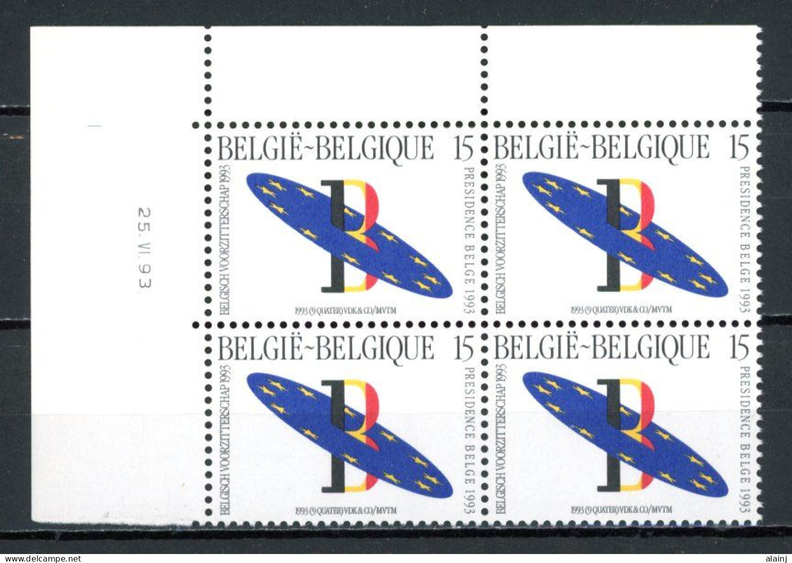 BE   2519   XX   ---  Présidence Belge C.E.E.  --  Bloc De 4  Coin De Feuille - Hoekdatums