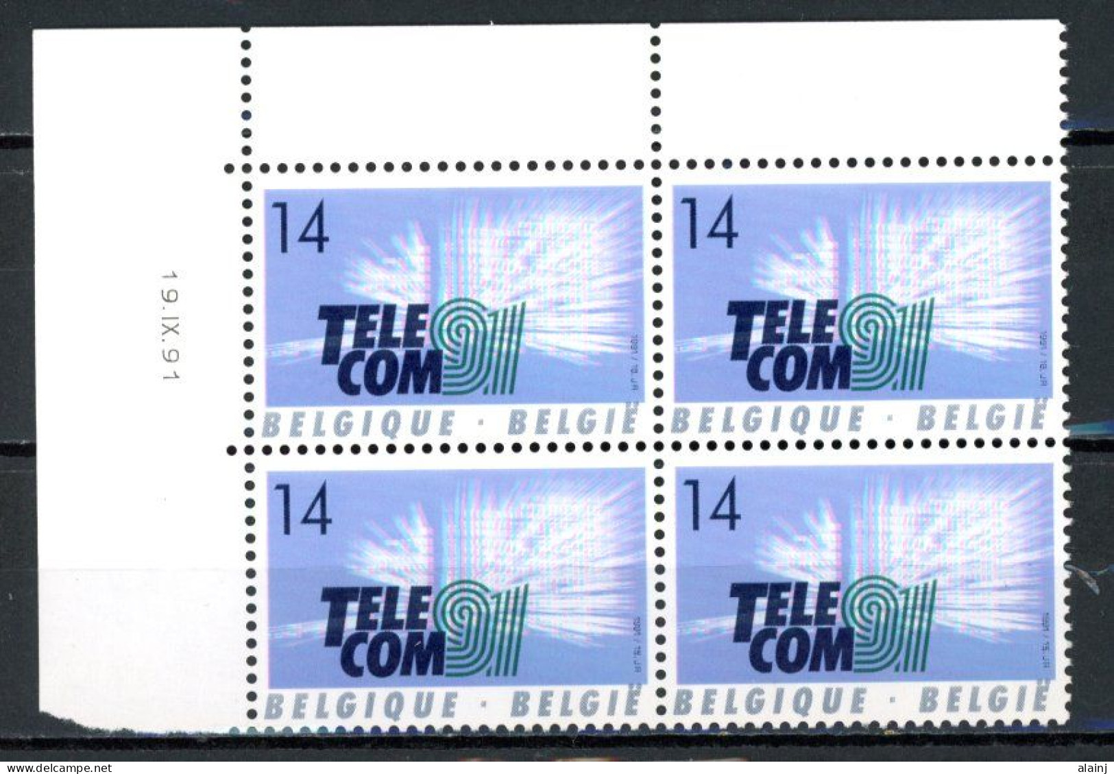 BE   2427   XX   ---   Telecom 91 à Genève   --  Bloc De 4  Coin De Feuille - Hoekdatums