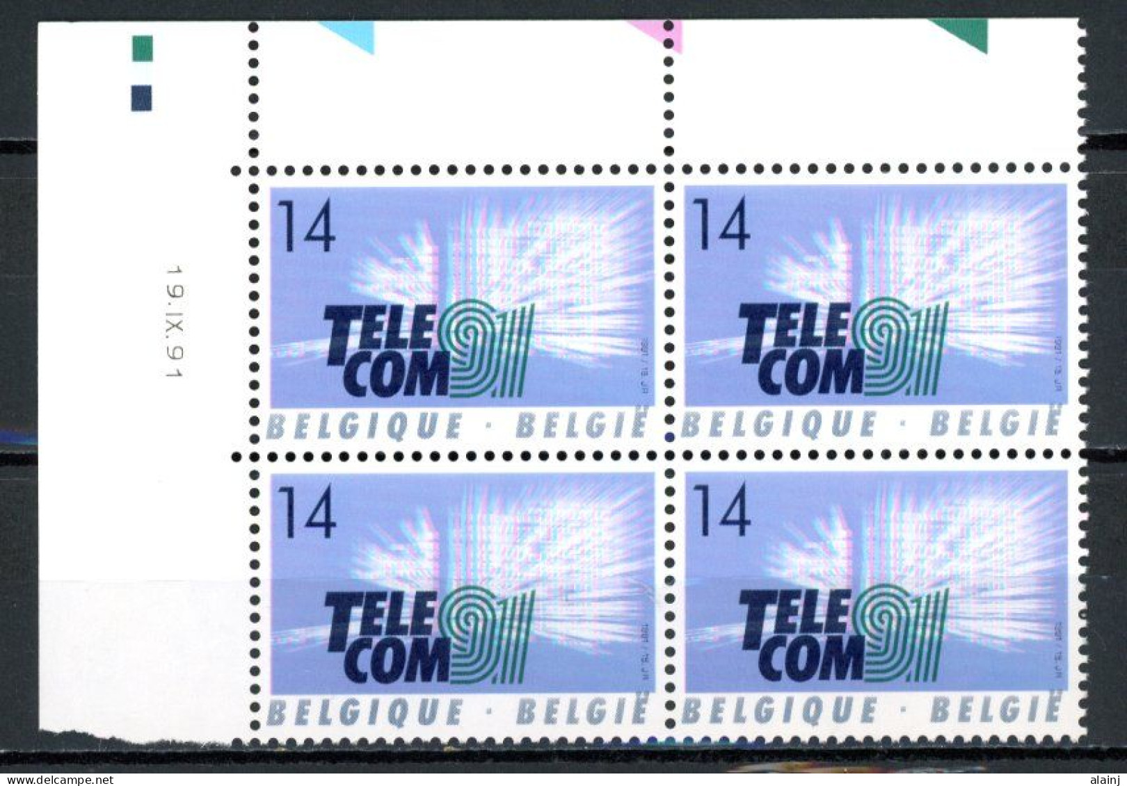 BE   2427   XX   ---   Telecom 91 à Genève   --  Bloc De 4  Coin De Feuille - Angoli Datati
