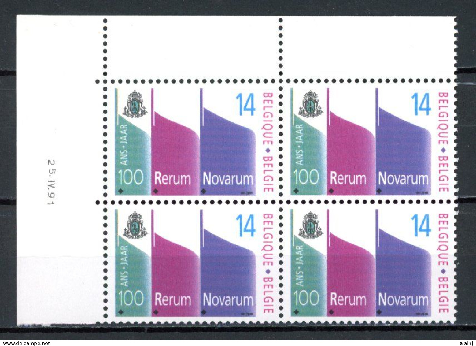 BE   2408   XX   ---    Encyclique Rerum Novarum   --  Bloc De 4  Coin De Feuille - Datiert