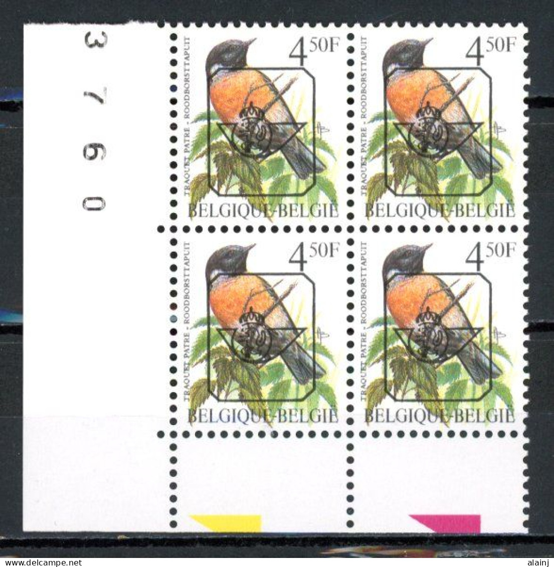 BE   825 P6  XX   ---   Oiseaux Buzin : Traquet Pâtre   --  Bloc De 4  Coin De Feuille - Typo Precancels 1986-96 (Birds)