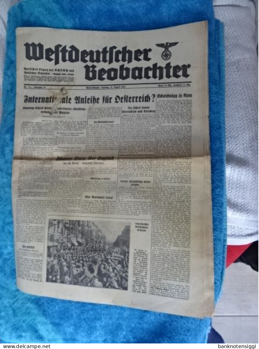 Originale Zeitung "Westdeutscher Beobachter." Dienstag 21 August 1934 - Politica Contemporanea