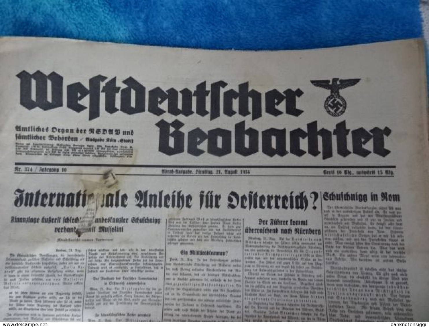 Originale Zeitung "Westdeutscher Beobachter." Dienstag 21 August 1934 - Contemporary Politics