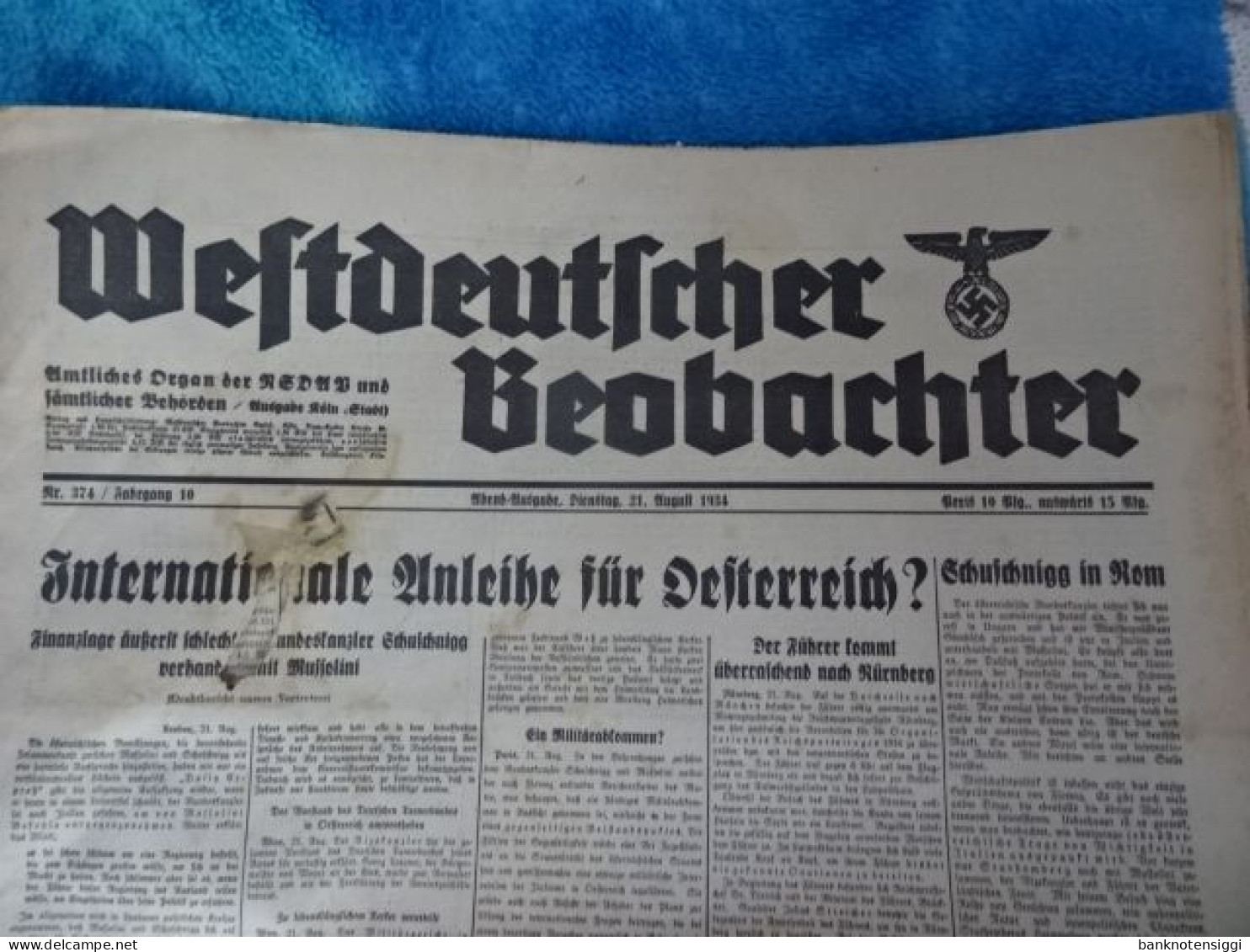 Originale Zeitung "Westdeutscher Beobachter." Dienstag 21 August 1934 - Politica Contemporanea