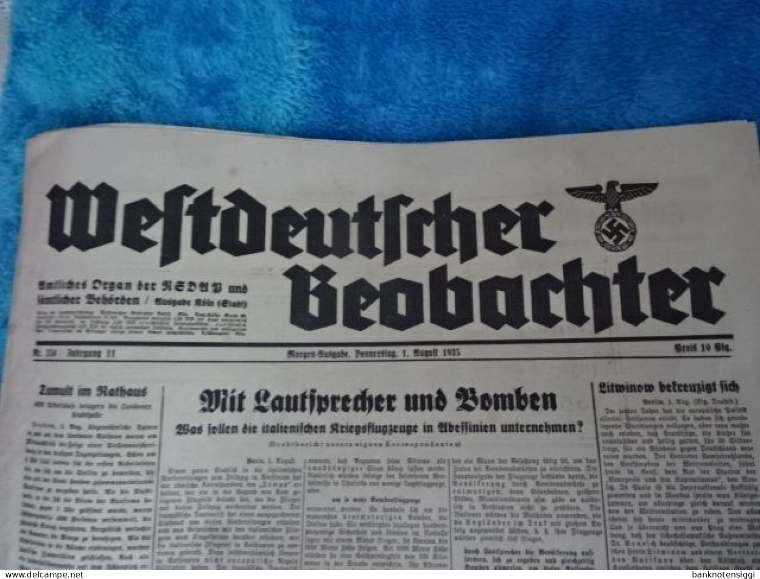 Originale Zeitung "Westdeutscher Beobachter." Donnerstag 1 August 1935 - Politik & Zeitgeschichte