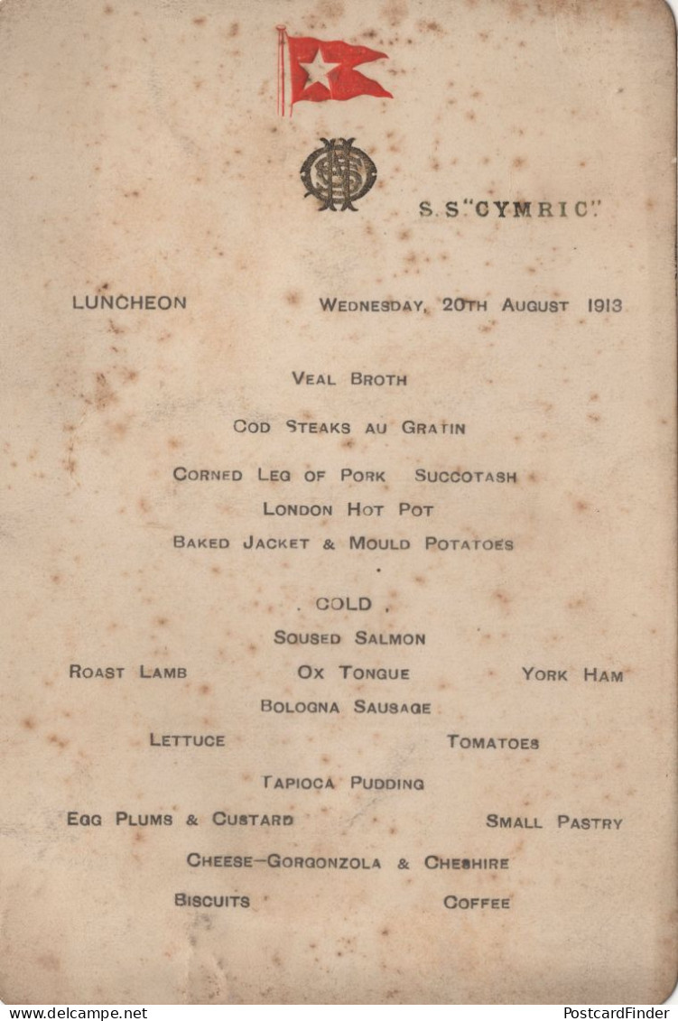 SS Cymric White Star Ship Liner Old 1913 Menu - Menus