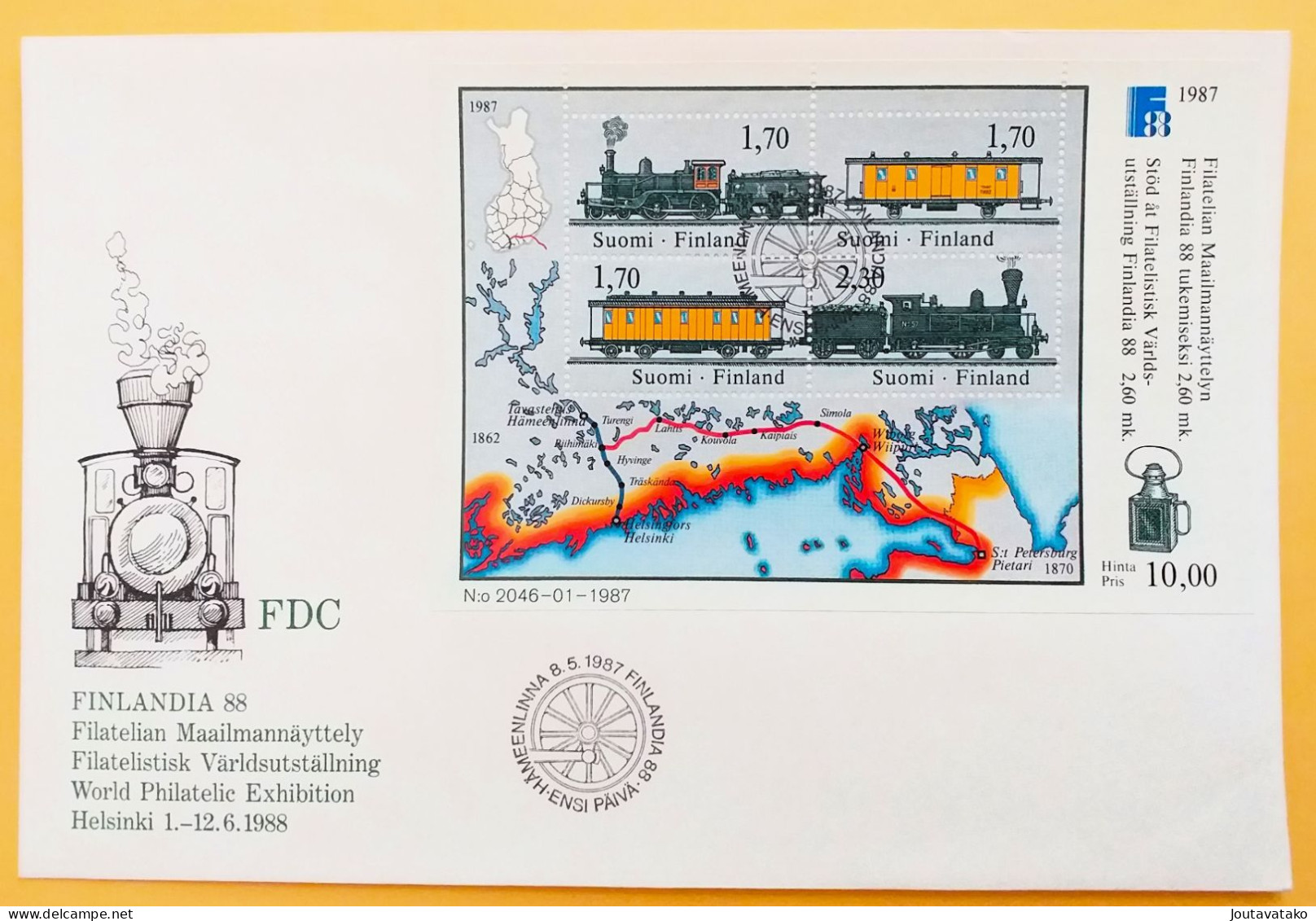 Finland FDC 1987 - Stamp Exhibition FINLANDIA '88 - Trains, Locomotive, Mail Carriage - MiNo Block 3 - FDC