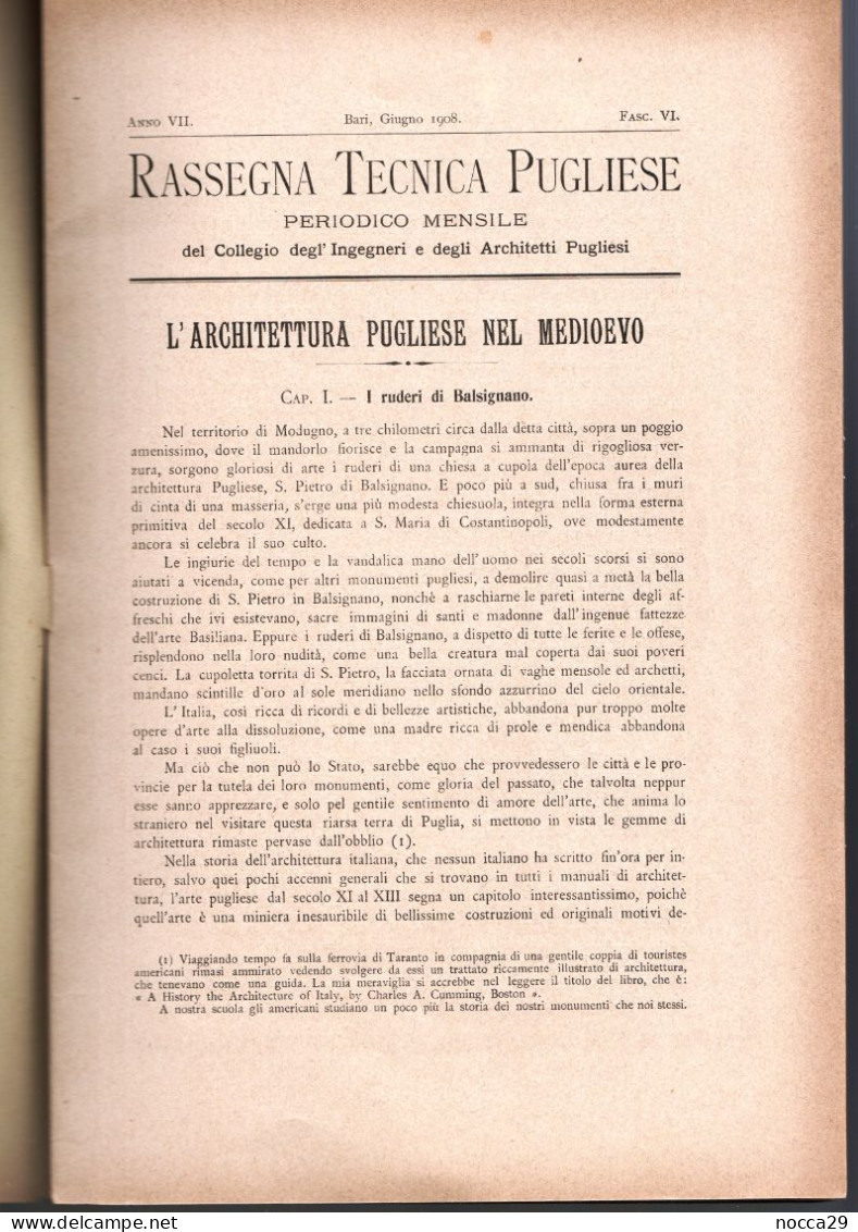 RIVISTA DEL 1908 - RASSEGNA TECNICA PUGLIESE - IL CASALE DI BALSIGNANO PRESSO MODUGNO (BARI) (STAMP332) - Wetenschappelijke Teksten